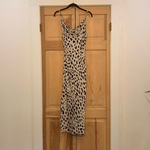 Printed cowl neck tan midi